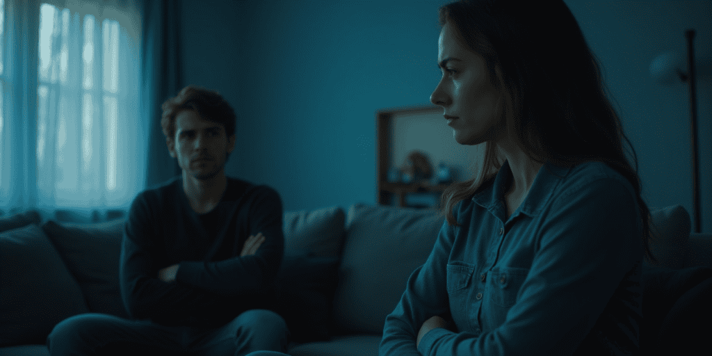 A woman and her brother sit in silence on a couch in a dark living room, showing how narcissists punish with distance instead of words.