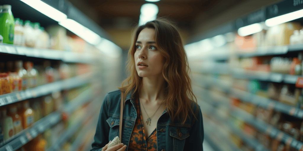 A woman pauses in a grocery aisle, sensing something is wrong before she even knows why, as her gut whispers what her mind hasn’t caught up to.