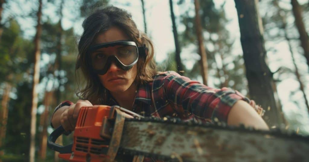 a woman wearing a protecting gear in the forest with a chainsaw ready to cut down tries symbolizing her readiness to cut off guilt after going no contact with her toxic family.