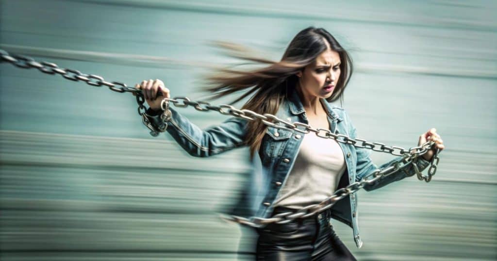 a woman dressing in jean shirt and leather pants is trying to brain metal chain feeling frustrated symbolizing her struggle to cut off her toxic family control.