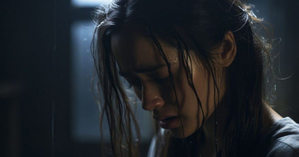a stressful woman with her hand down while her long black hair is falling on her face. She's looking down feeling hopeless.