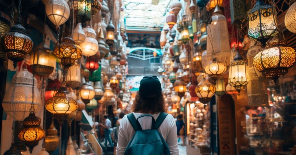 a woman facing toward a day market in turkey with so many beautiful lights backpacking in peace.