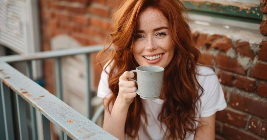 a red hair woman sitting her morning tea sitting on her appartment balcony wearing a white t-short smiling feeling peaceful.