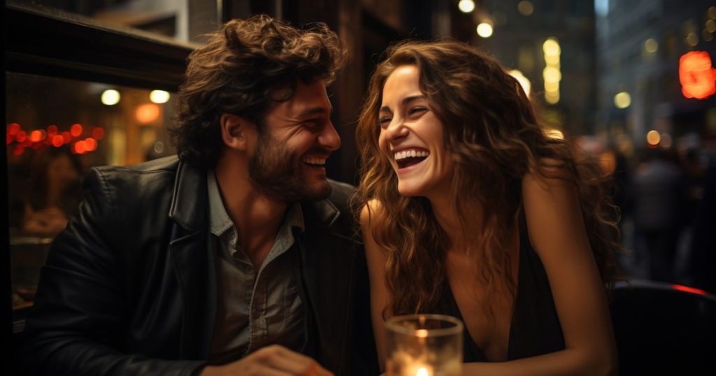 a woman and a man in casual clothing laughing in a bar enjoy each other company drinking beers under the candle lights.