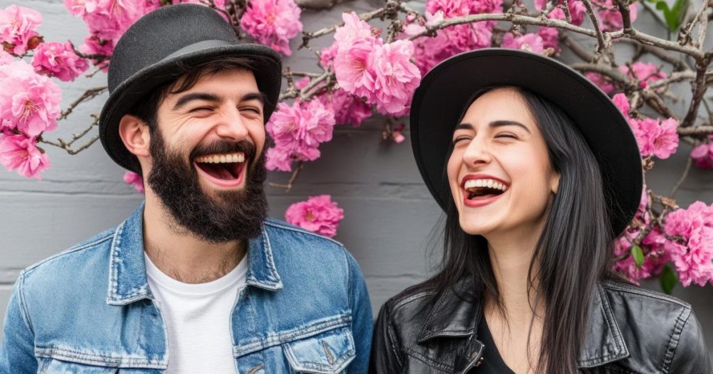 a woman and a man standing next to each other in front of pink flowers laughing so big wearing black hat and jean jackets.