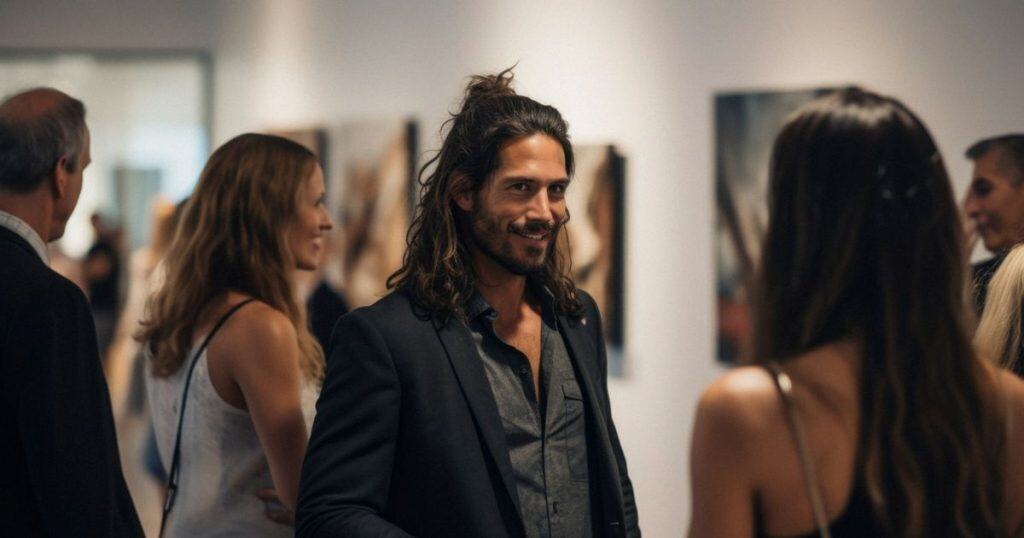 a very good looking man with a long black hair standing in the art gallery even in black suit holding a glass of wine staring at a woman in front of him smiling.
