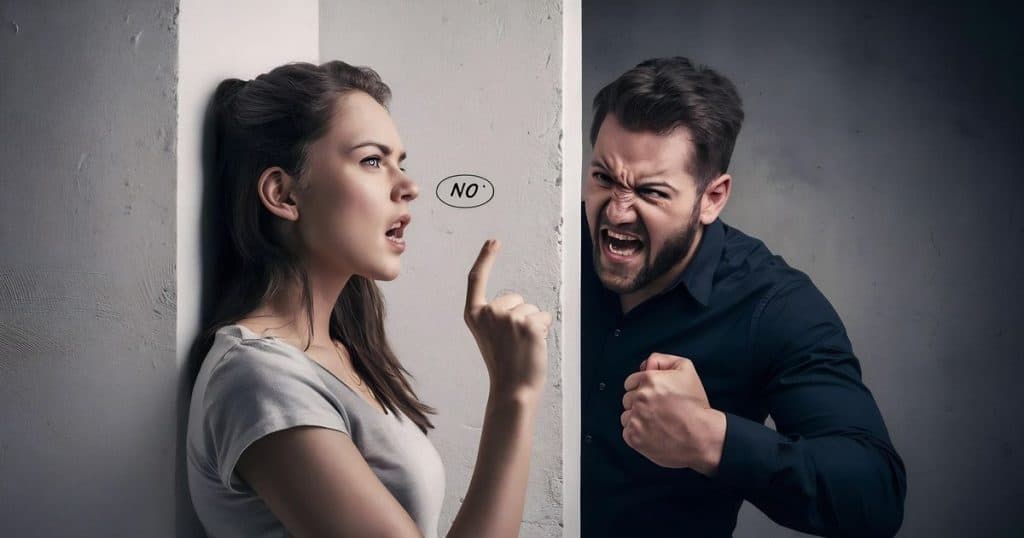 a woman with her index finger pointing up looking determine to block her ex-toxic boyfriend from her life with a text "no" next to her mouth.