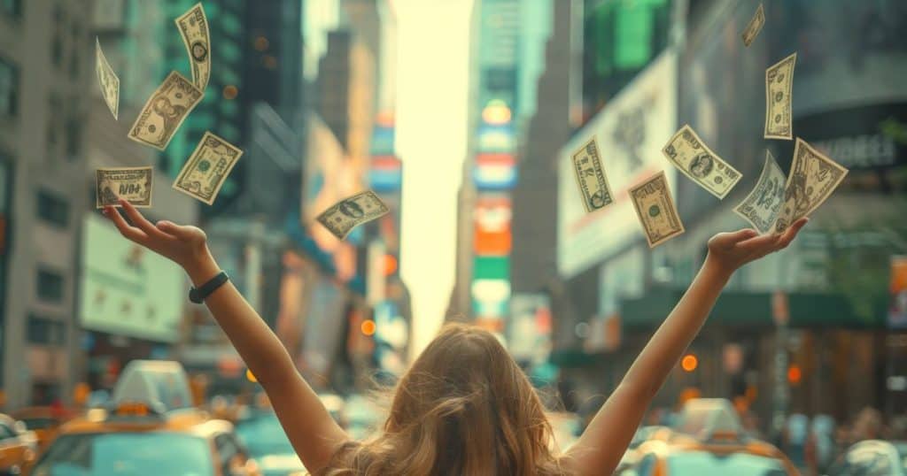 a woman standing in front of time square in New York throwing dollar bills up in the air facing the taxi cabs feeling free.