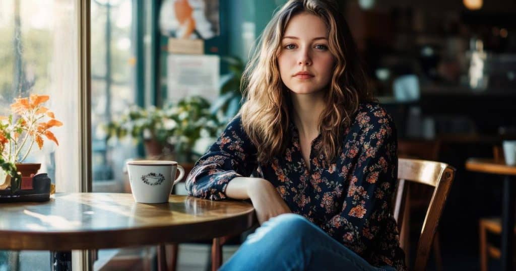 a woman looking very confident wearing a flowery shirt and long jeans sitting in a cafe looking fierce.