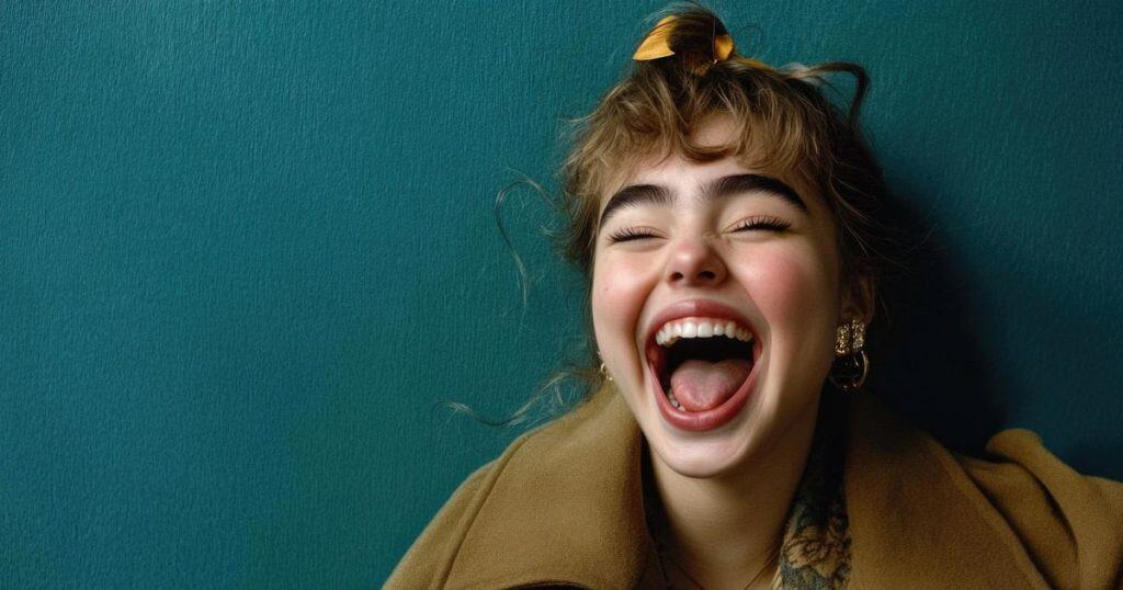 a woman with a bun wearing a brown coat laughing so big standing against a green wall with her eyes close as her toxic family calling her selfish.