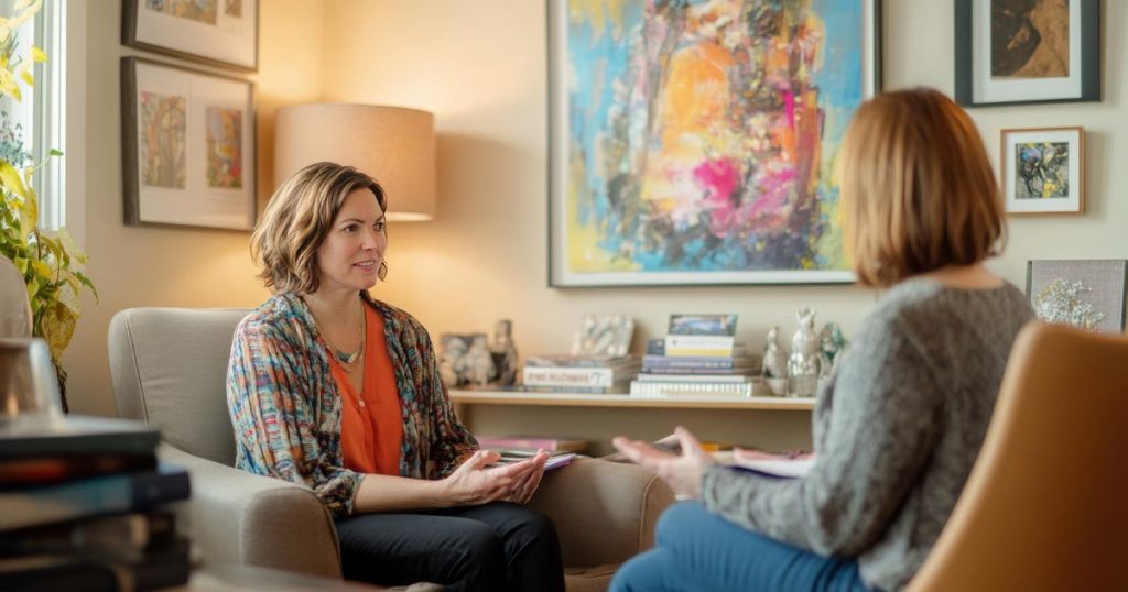 a woman sitting in a room with her therapist wearing a colorful shirt feeling at ease as she's able to explain her feeling about her narcissistic mother.