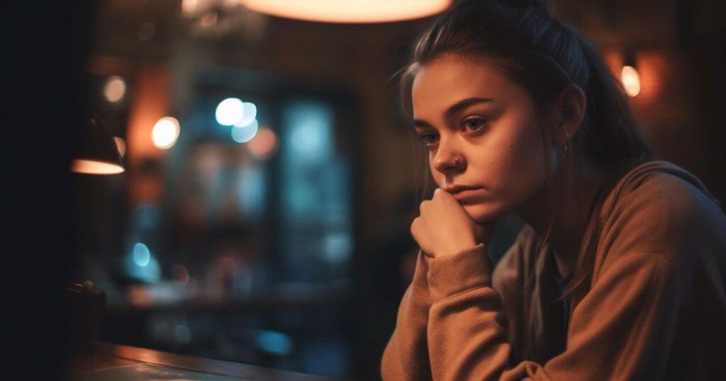 a woman with a ponytail wearing brown sweatshirt sitting alone in the dark at a bar contemplating what to do with her toxic sister.