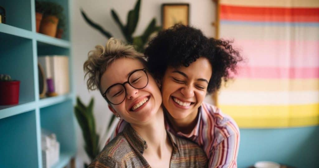 a friend is hugging her friend in a colourful library both smiling so big celebrating her friend's freedom from her narcissistic partner.