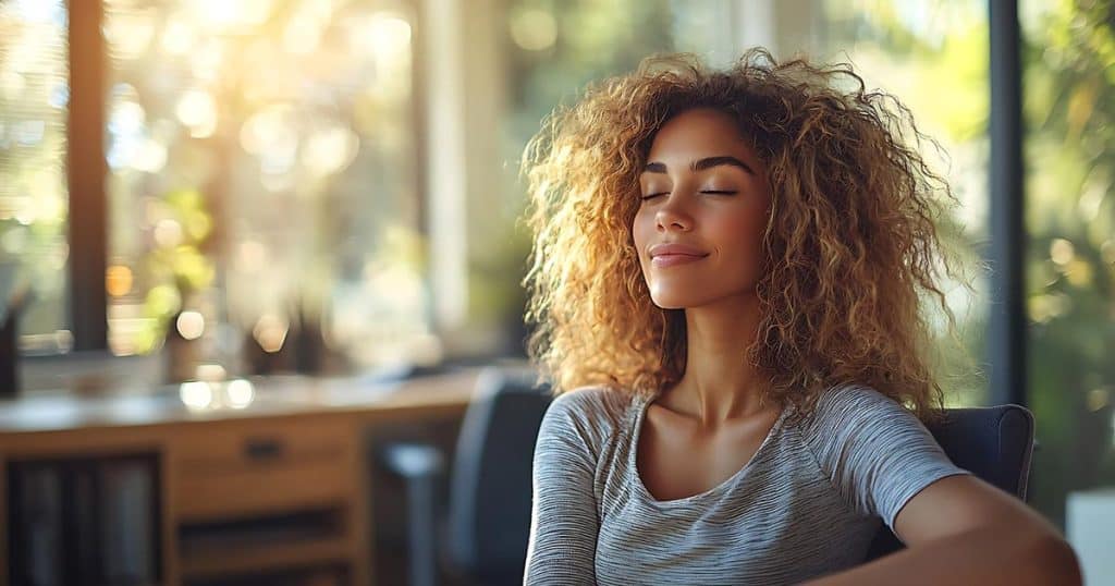 a woman sitting in a birhgt living room wearing a grey t-shirt with her eyes close feeling happy after cutting ties from her narcissistic family.