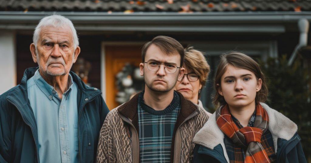 a photo of unhappy family standing outside the house with sour faces after being told they are no longer welcome in the house.