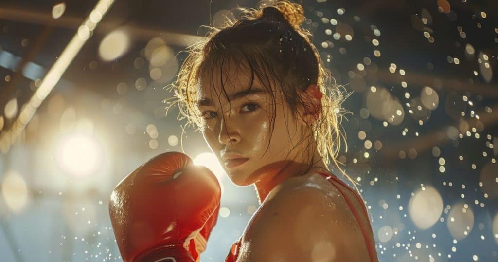 Portrait of woman competing in the olympic games championship with her hair in a tight bun, boxing gloves and sweaty face.