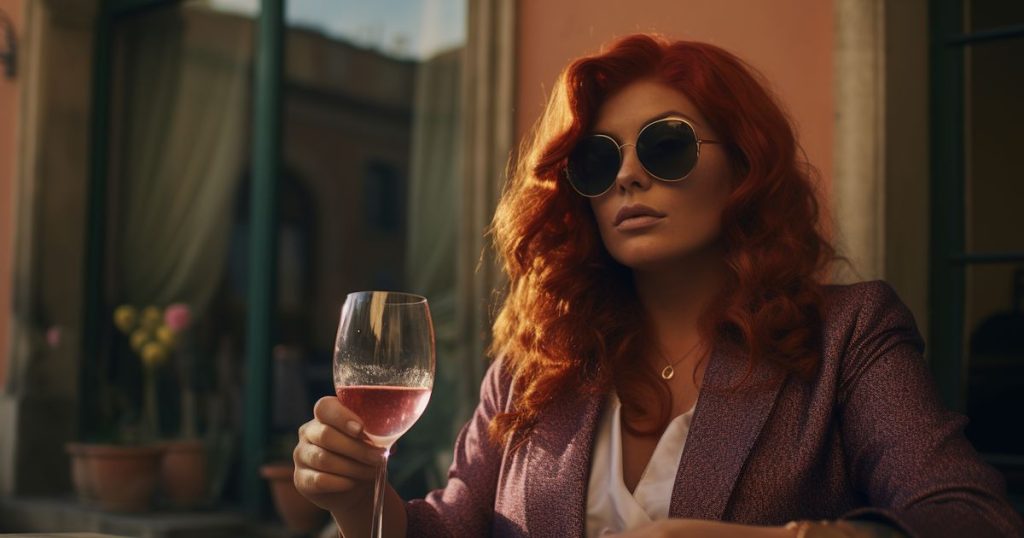 a woman in pink suit holding a rose glass of wine wearing sunglasses sitting alone watching sunset.