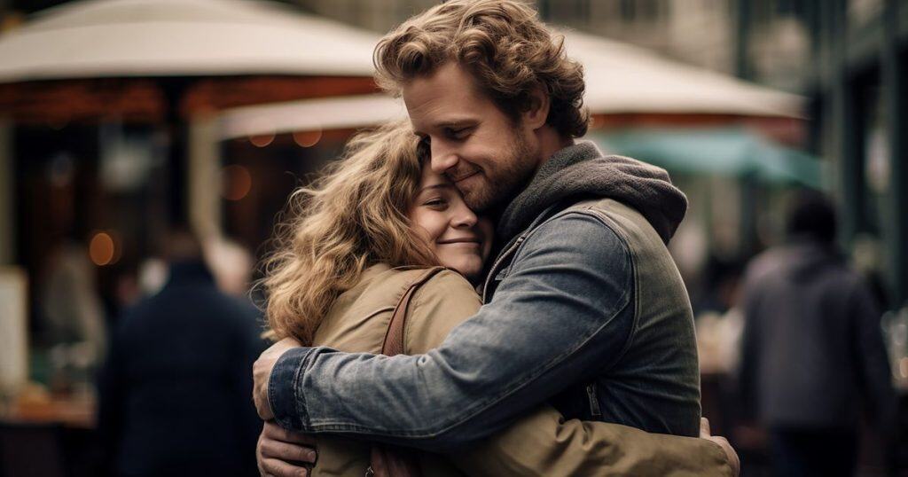 a picture of a men and woman in the wall hugging each other and smiling at the food market in front of a restaurant.