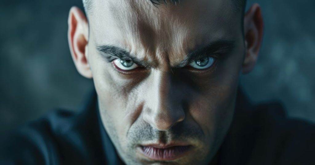 A man with a menacing glare and clenched jaw embodying a psychopathic personality disorder.