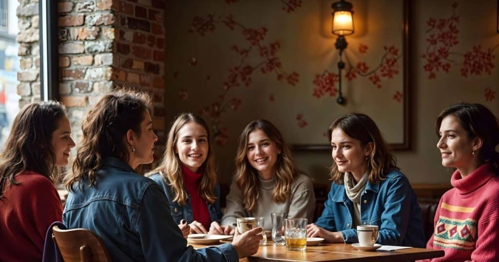a group of friends getting together at a vintage decorated restaurant sipping tea and having desserts laughing with one another celebrating being free as women.