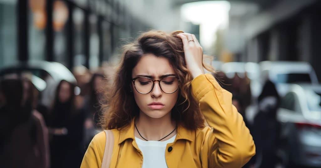 Close up on a woman wearing glasses with her hair down and a yellow jacket suffering from confusion as to what she did yesterday.