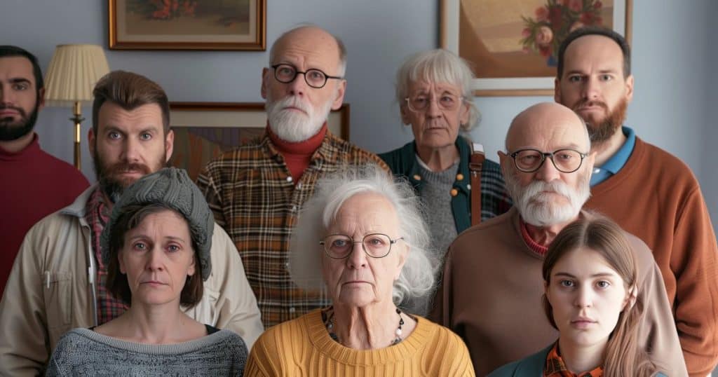 a photo of unhappy family from fathers to grandmothers.