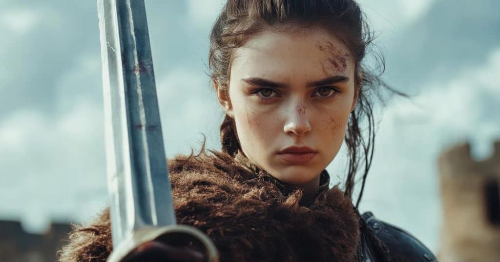 Beautiful woman army medieval warrior standing ready for battle background wallpaper with braided hair and dirt on her face.