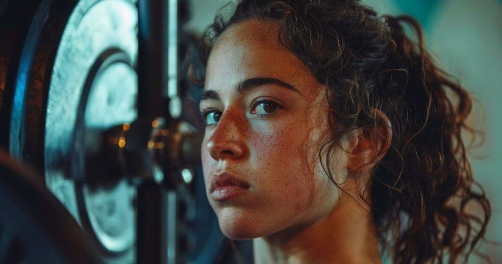 a close up picture of a fit woman with her hair tied up sweaty training in the gym looking strong and fearless.