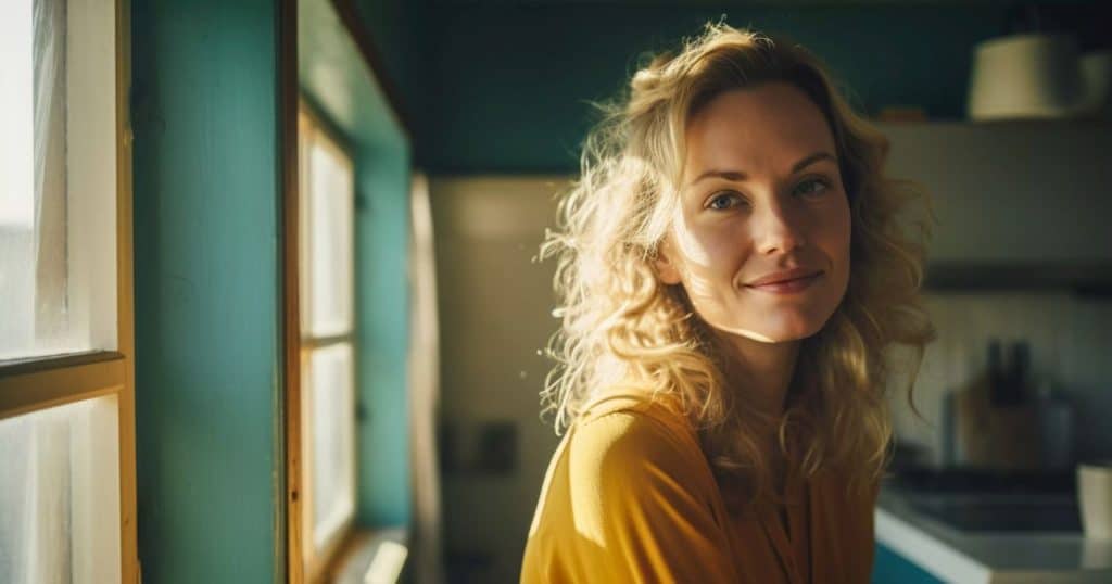 Portrait of millennial woman living life in the country side after moving from the city. Sitting in her sunny living with her blonde hair down and natural making smiling in peace.