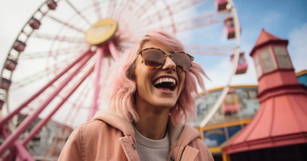 a woman standing at the pink amusement park with pink hair and jacket wearing a sunglasses looking very happy as she cut off her toxic siblings.