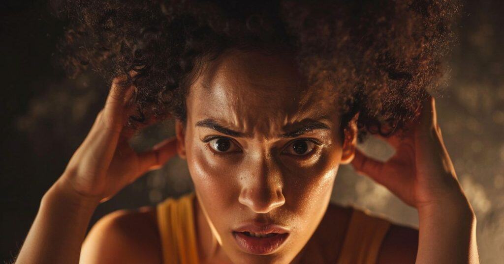 a close up picture of a coloured woman holding her curly hair with her hands looking very confused and sweaty in the dark.