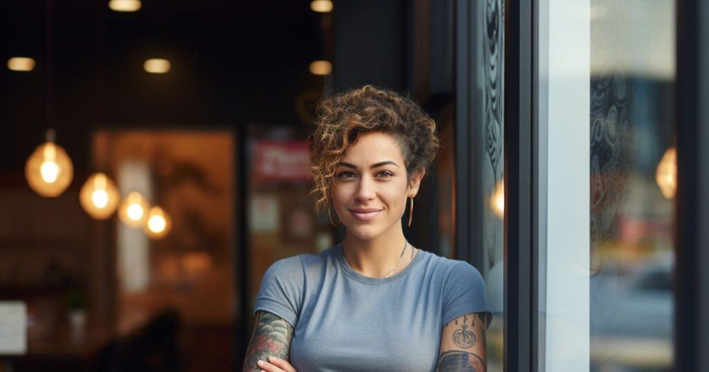 female barista with tattoo standing in front of coffee shop with her arms cross and a secret smile as she know something we don't
