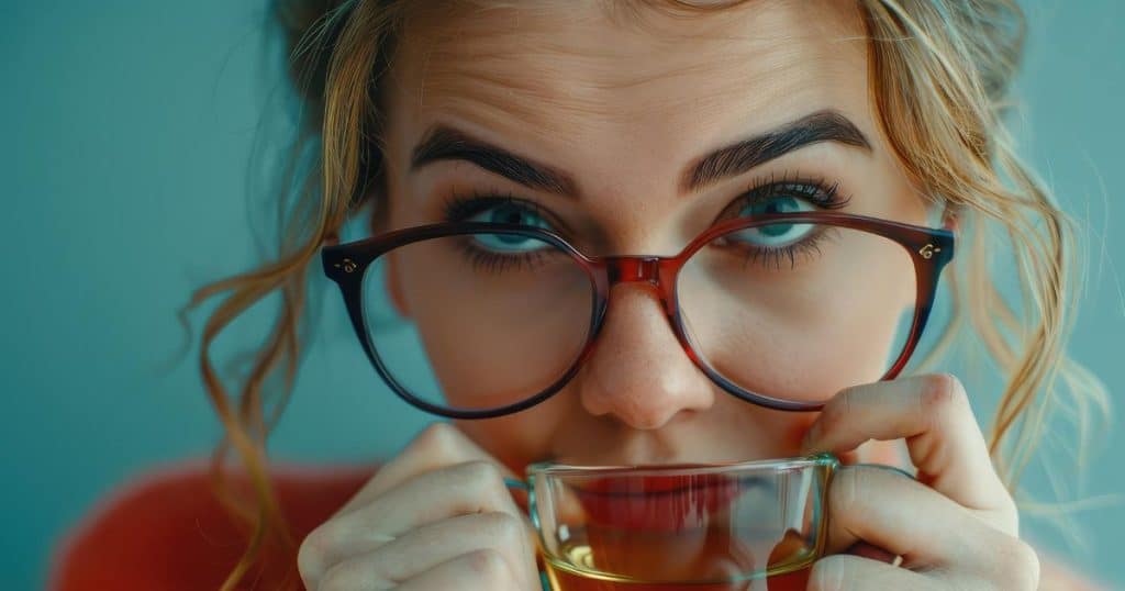 a woman wearing glasses in a messy bun drinking tea with both eye brows raised as her narcissistic family is blaming for something she didn't do.