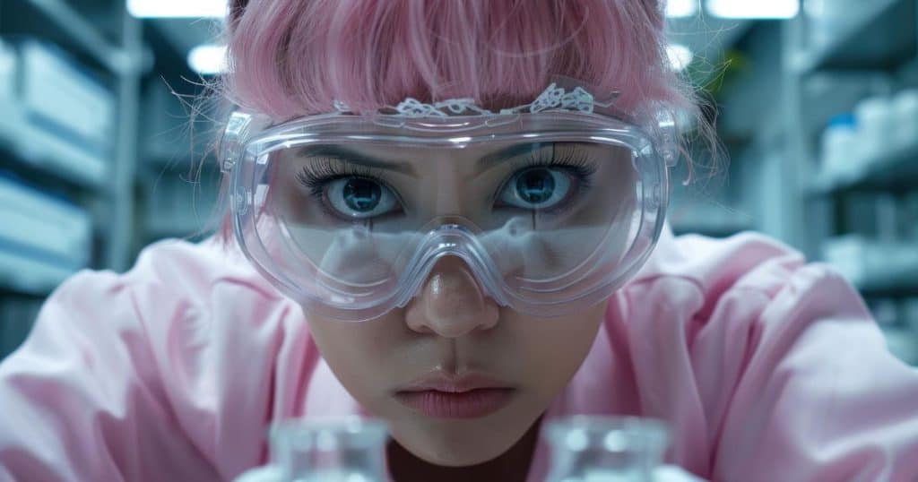 a pink hair woman with a goggle wearing a pink coat looking straight at the lab results feeling accomplished.