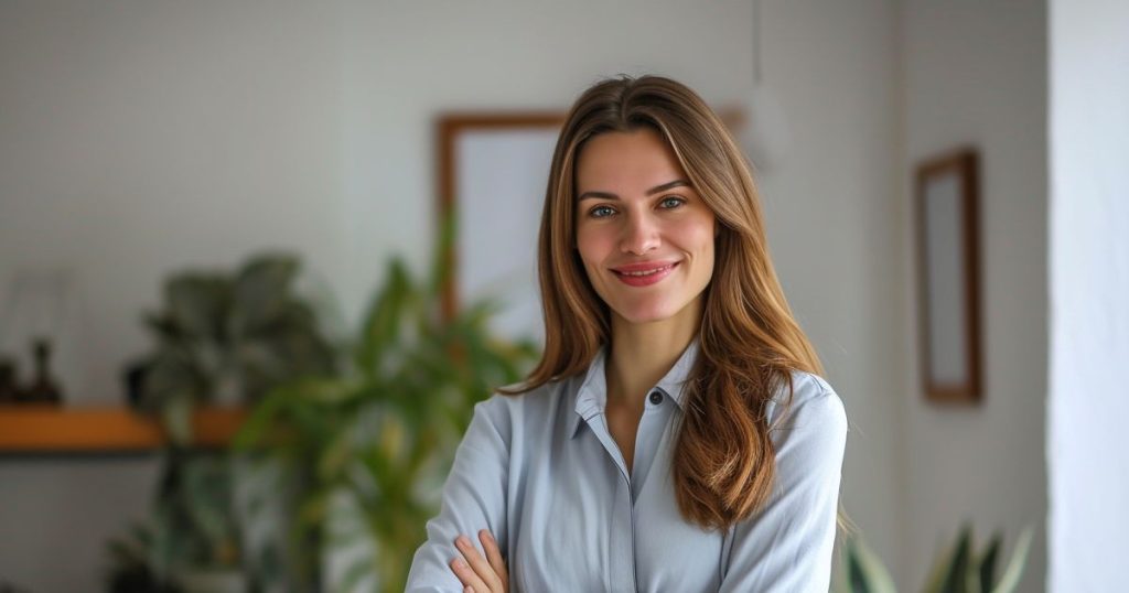 a woman with blue shirt with her hair down crossing her arms standing in her office feeling confident.