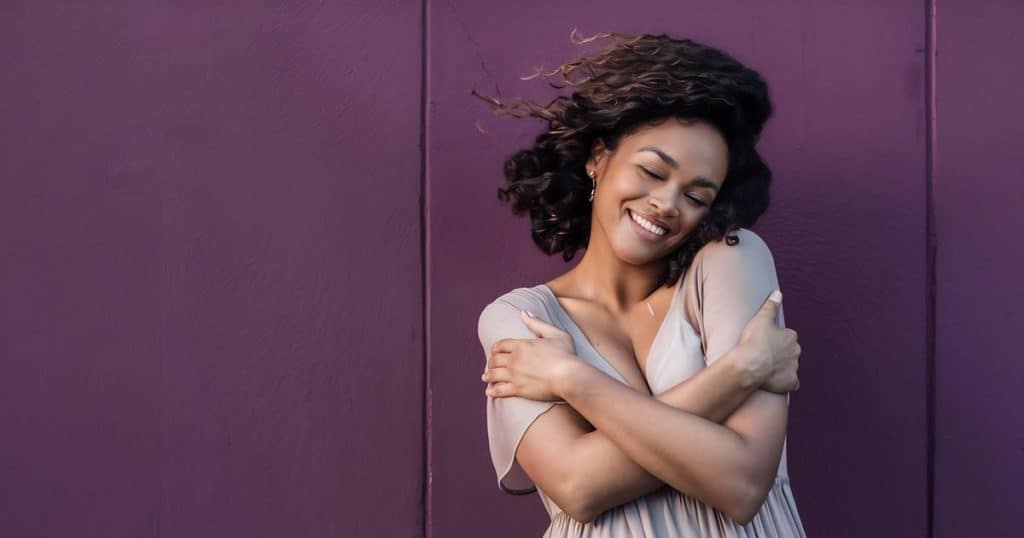 a woman in purple dress hugging herself smiling with her eyes closed feeling peaceful now that she is free from her narcissistic family.
