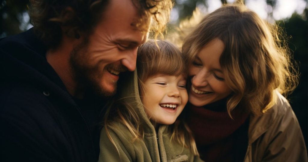 a picture of family wearing comfortable clothing enjoy the outdoor weather smiling and hugging each other.