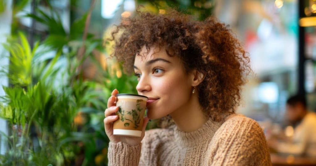 A young woman wearing a beige sweater enjoys a warm drink in a cozy cafe She sits by a window surrounded by greenery This serene moment captures relaxation and beauty.