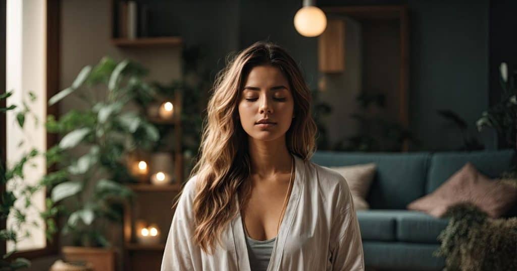 Healthy serene young woman meditating at home in her living room wearing a comfortable workout yoga clothing with her hari down and eyes closed.