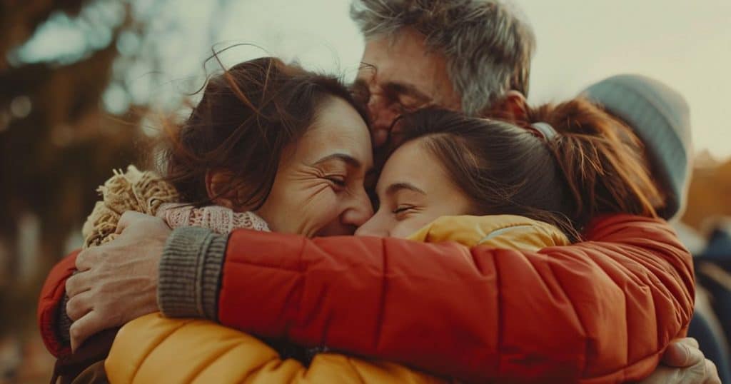 Happy family hugging each other outside the house during fall season feeling belonging to a support each other.