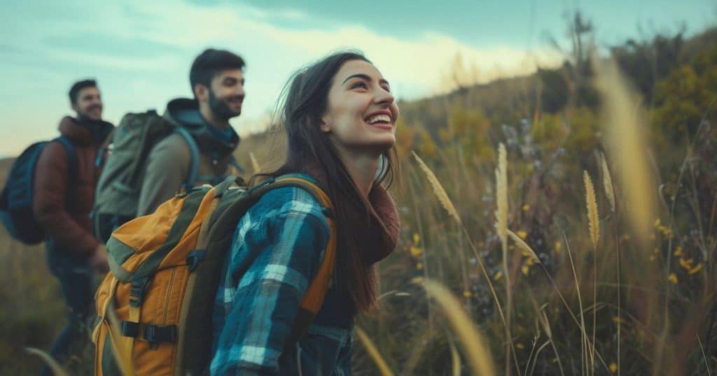 a young woman is hiking with her friends feeling happy enjoy nature and bright sunlight.