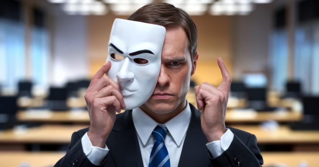 a close up of a businessman removing white mask from face showing strict expression showing his true colour.
