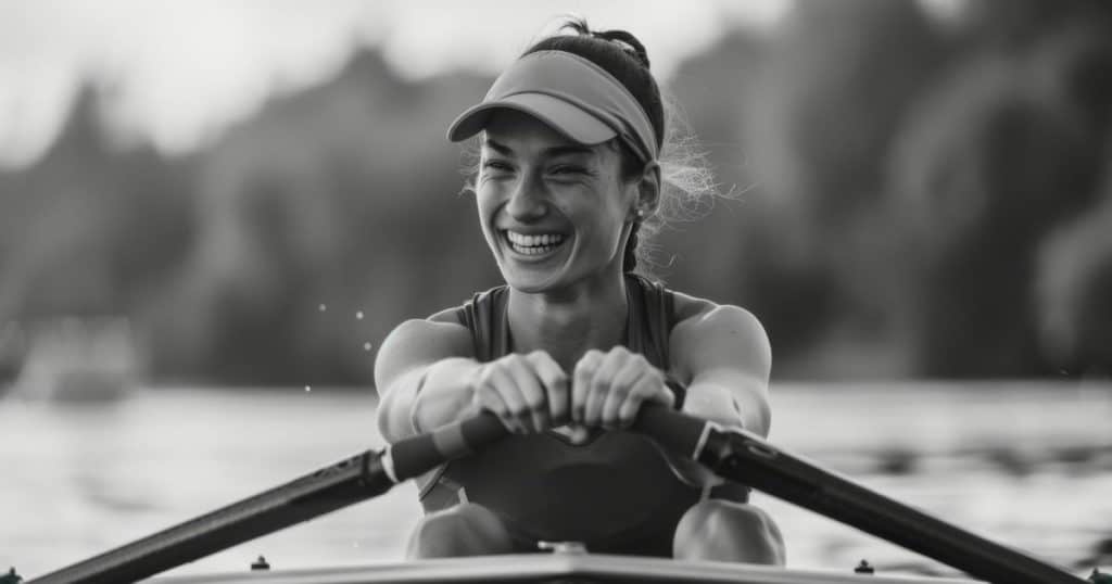a black and white picture of woman smiling so big while rowing her canoe enjoy time with her friends outdoor.