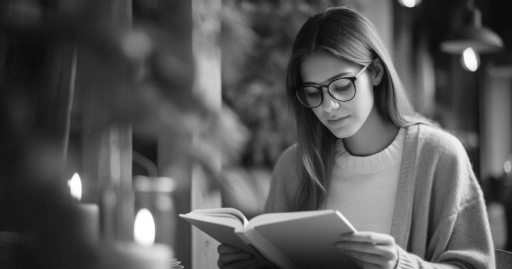 a black and white image of a woman wearing reading glasses and a soft comfy cardigen reading a book at night in the cafe feeling peaceful.