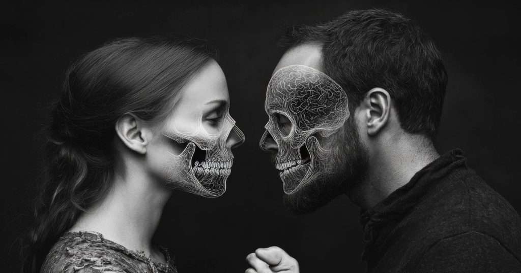 Black and white image of a couple with Cognitive productivity emotional mirroring couple with skulls exposed in a romantic embrace symbol.