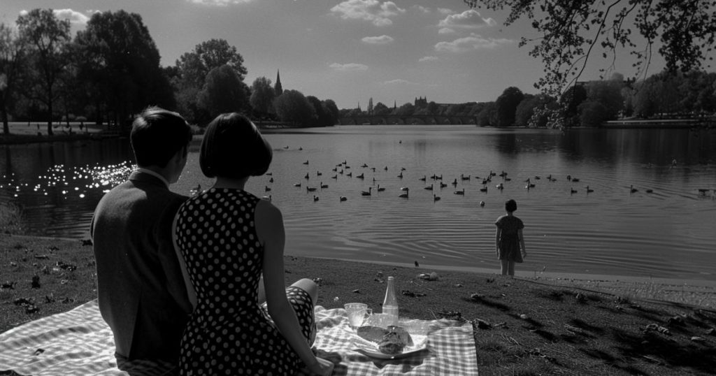 a black and white image of a family having picnic near a small pond with their little girl who look at the ducks.