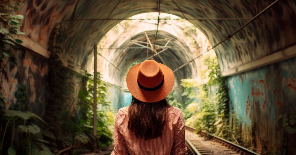 A woman wearing a yellow hat and red shirt standing facing an abandoned railroad feeling confused.