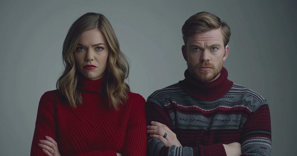 a woman wearing a read sweater and a men wearing a turtleneck sweater both standing emotionless with their arms crossed feeling upset.