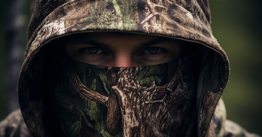 a close up picture of a man wearing a camouflage hoodie and a mask to cover his face showing his evil eyes ready to hunt.