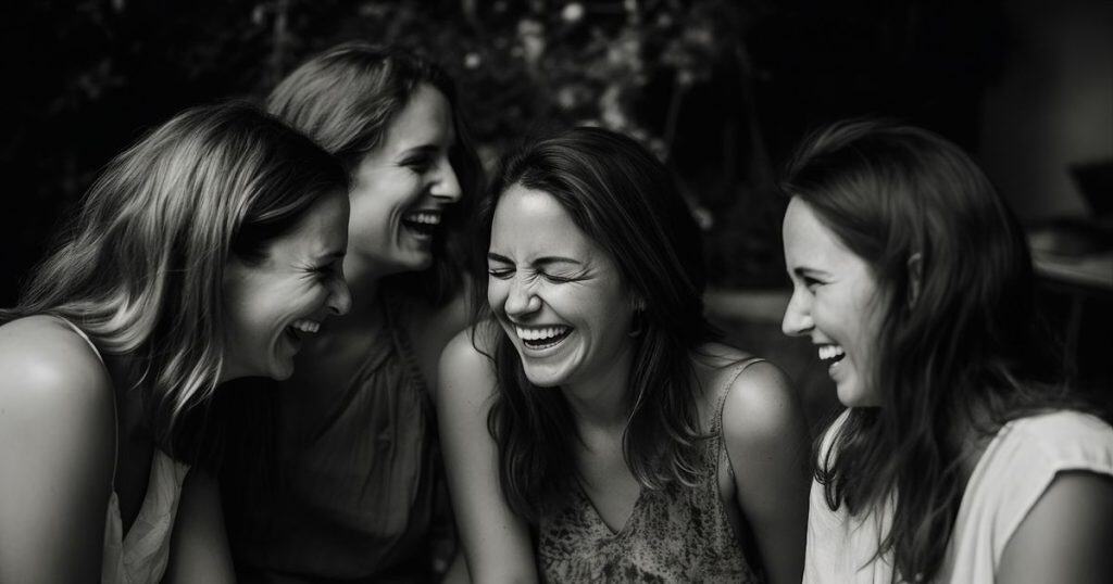 a alack and white picture of a woman surrounded by her girlfriends laughing and smiling enjoying life after she cut off all toxic people from her life.